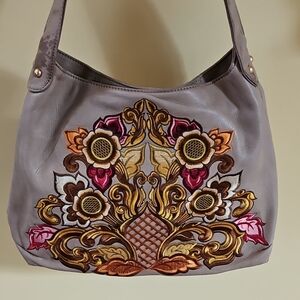 Fiore Embroidered Tan Leather Hobo Bag